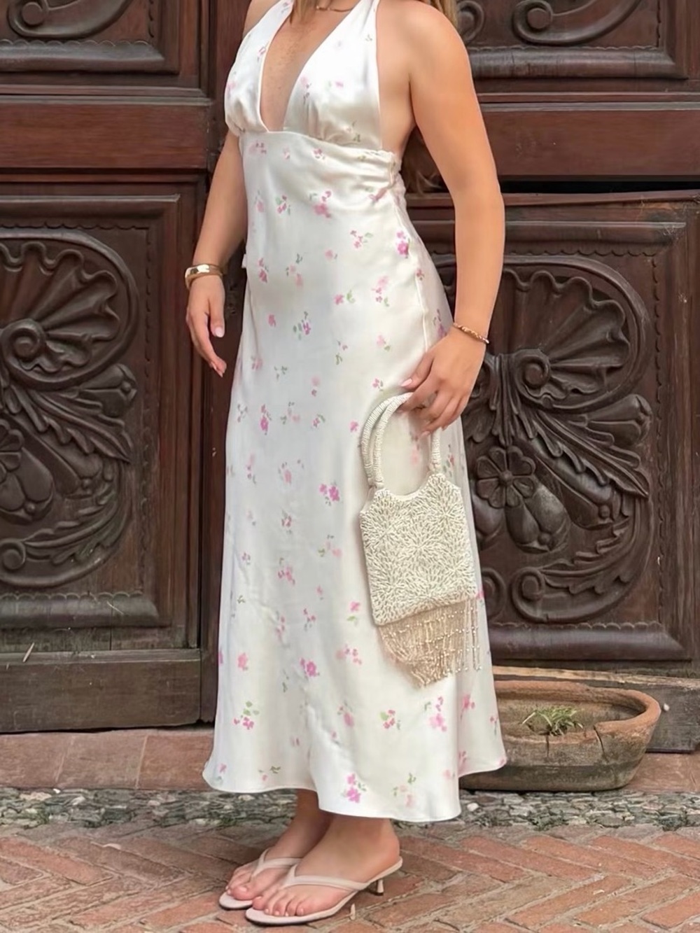 Zara Ivory Halter Maxi Dress with Pink Floral Print